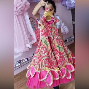 Vibrant Pink and Gold Embroidered Dress